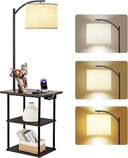 PESRAE Floor Lamp with Table, End Tables with Charging Station(USB & Type-C & AC Port), 3 Color Temperatures 9W LED Bulb, Modern Shelves Side Table for Bedroom, Living Room